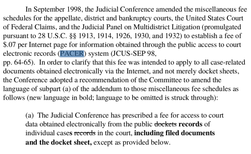 Screenshot of PACER fee changes
